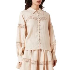Keepsake Linen Lace Blouse Gold Button Long Sleeve Top L NWT